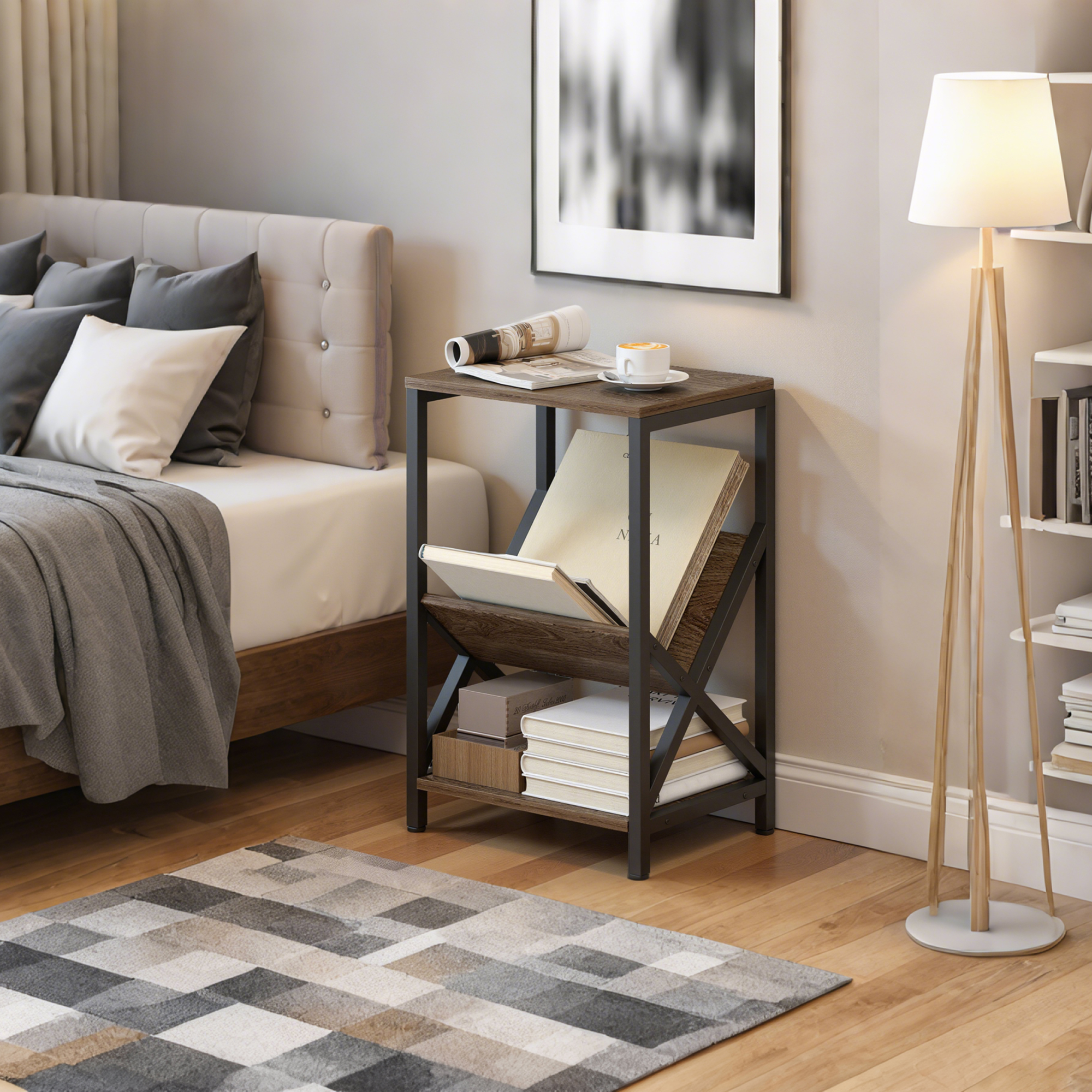 Narrow Side Table,End Table With 3-Tier Storage,V-Shaped Magazine Holder
