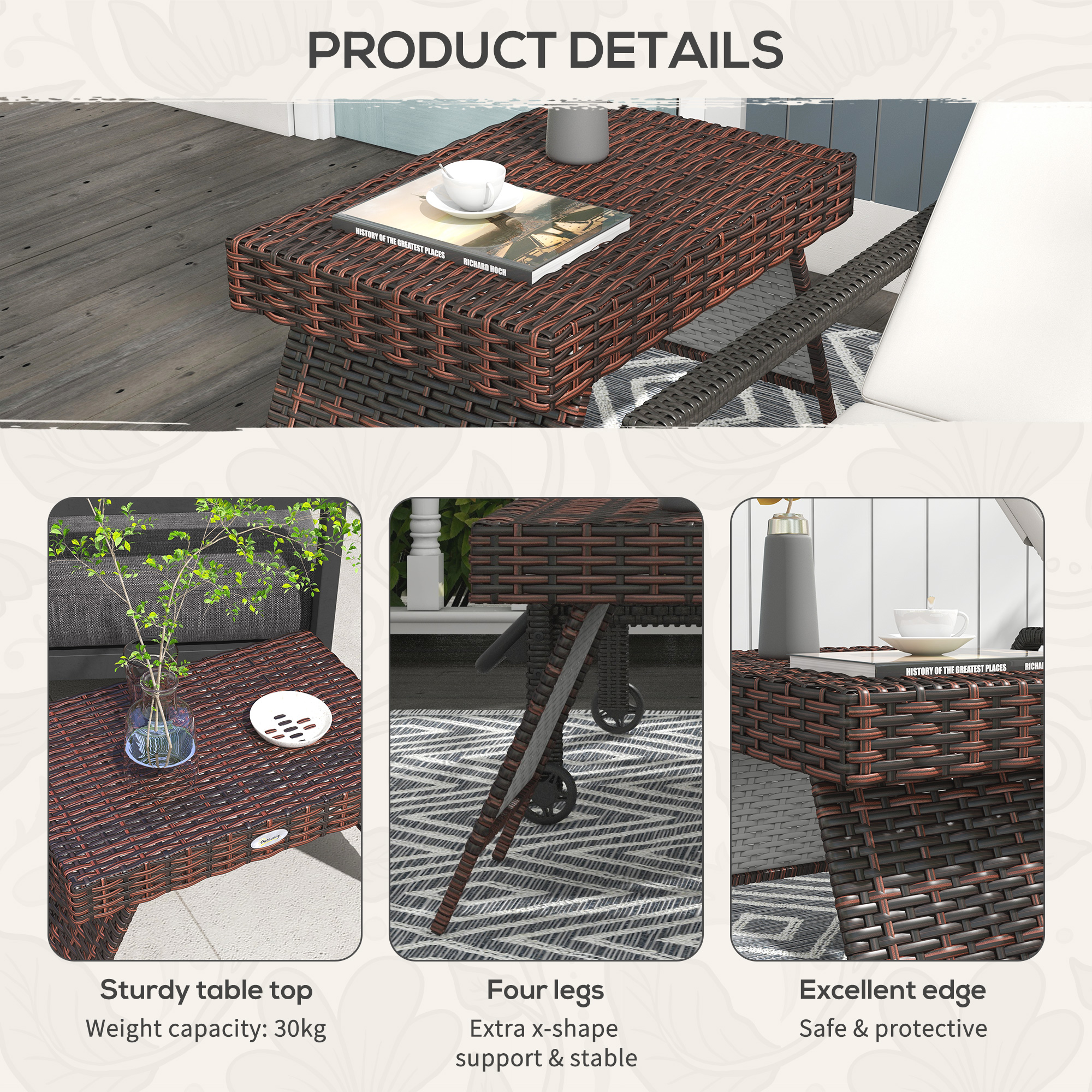 Foldable Outdoor Side Table,Rattan Garden Coffee Table With Steel Frame,Space — image 4