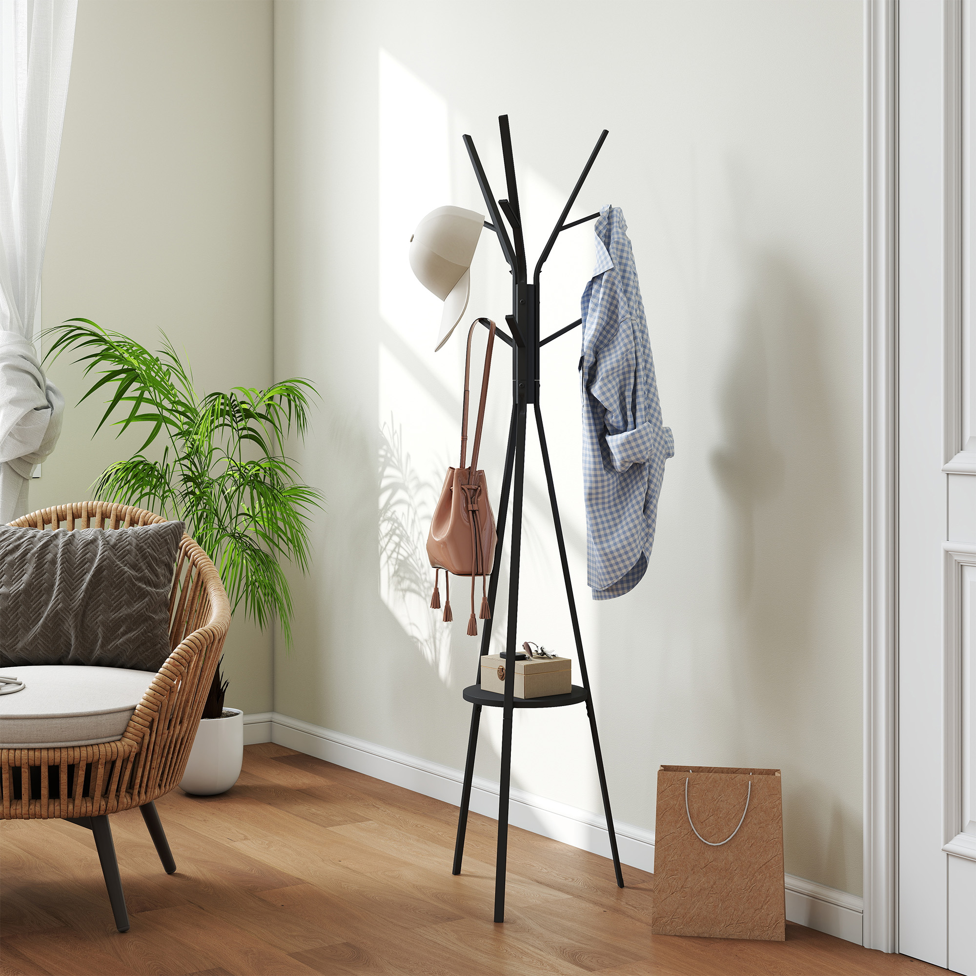 Freestanding Metal Coat Rack Stand 9 Hooks Clothes Tree With 1 Shelf Hat — image 3