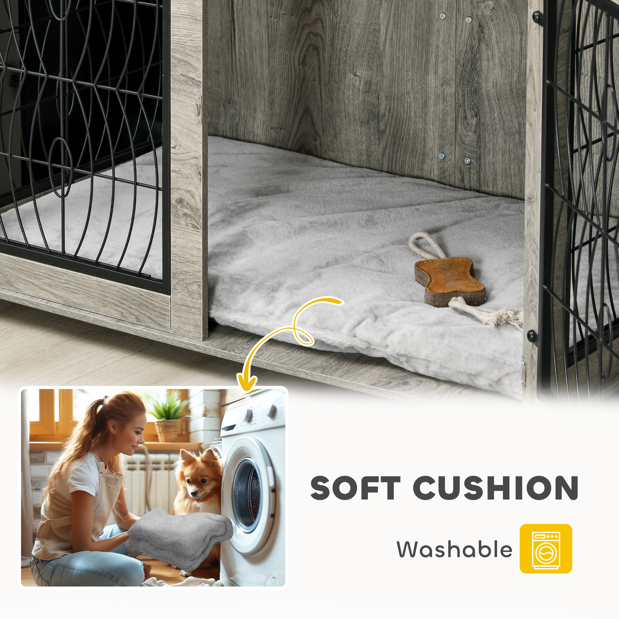 Indoor Dog Crate Furniture End Table With Soft Washable Cushion,Lockable Front