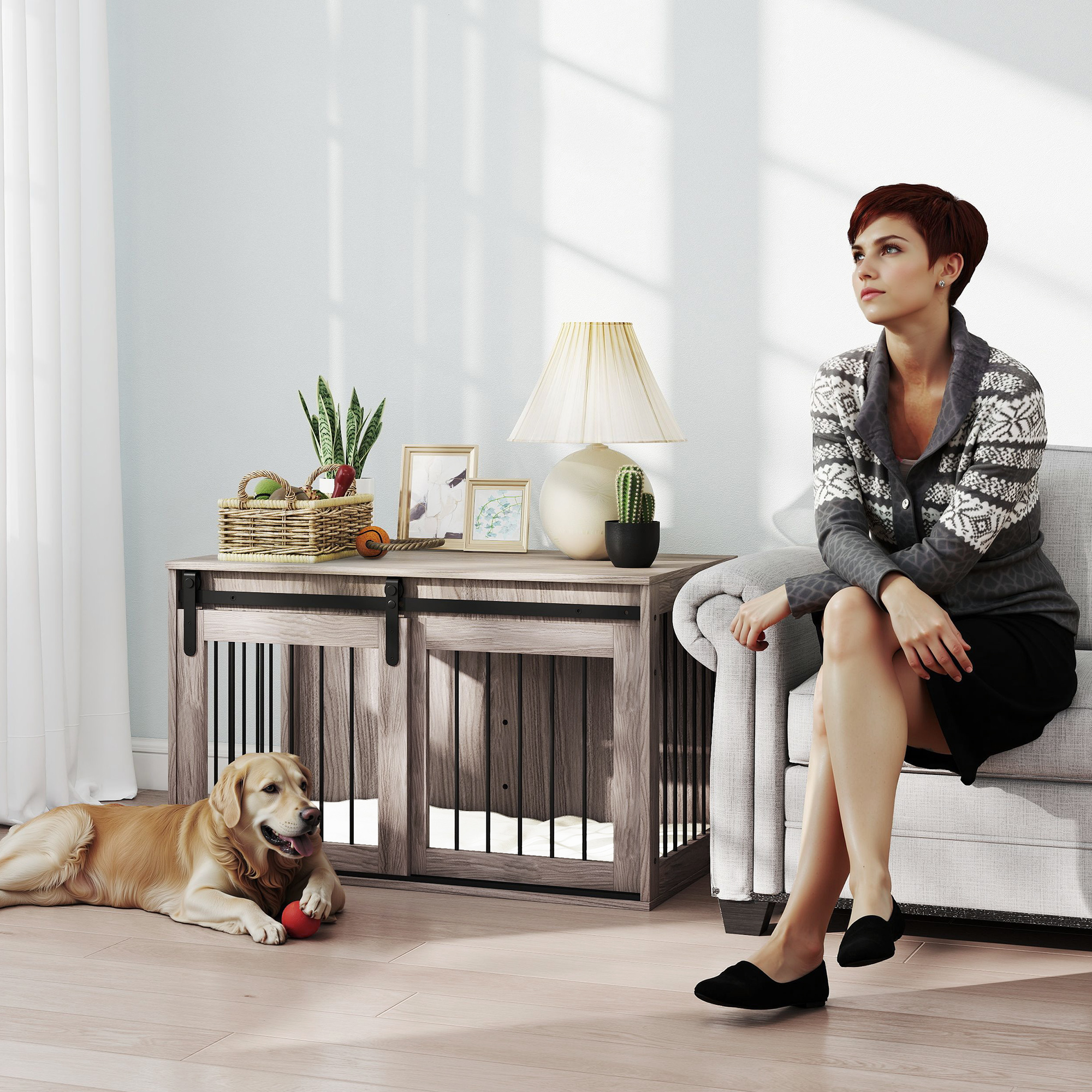 118cm Extra Large Dog - Walnut Brown-Dog Cage Furniture With Detachable Cushion, Suitable For Oversized Dogs detail photo 22