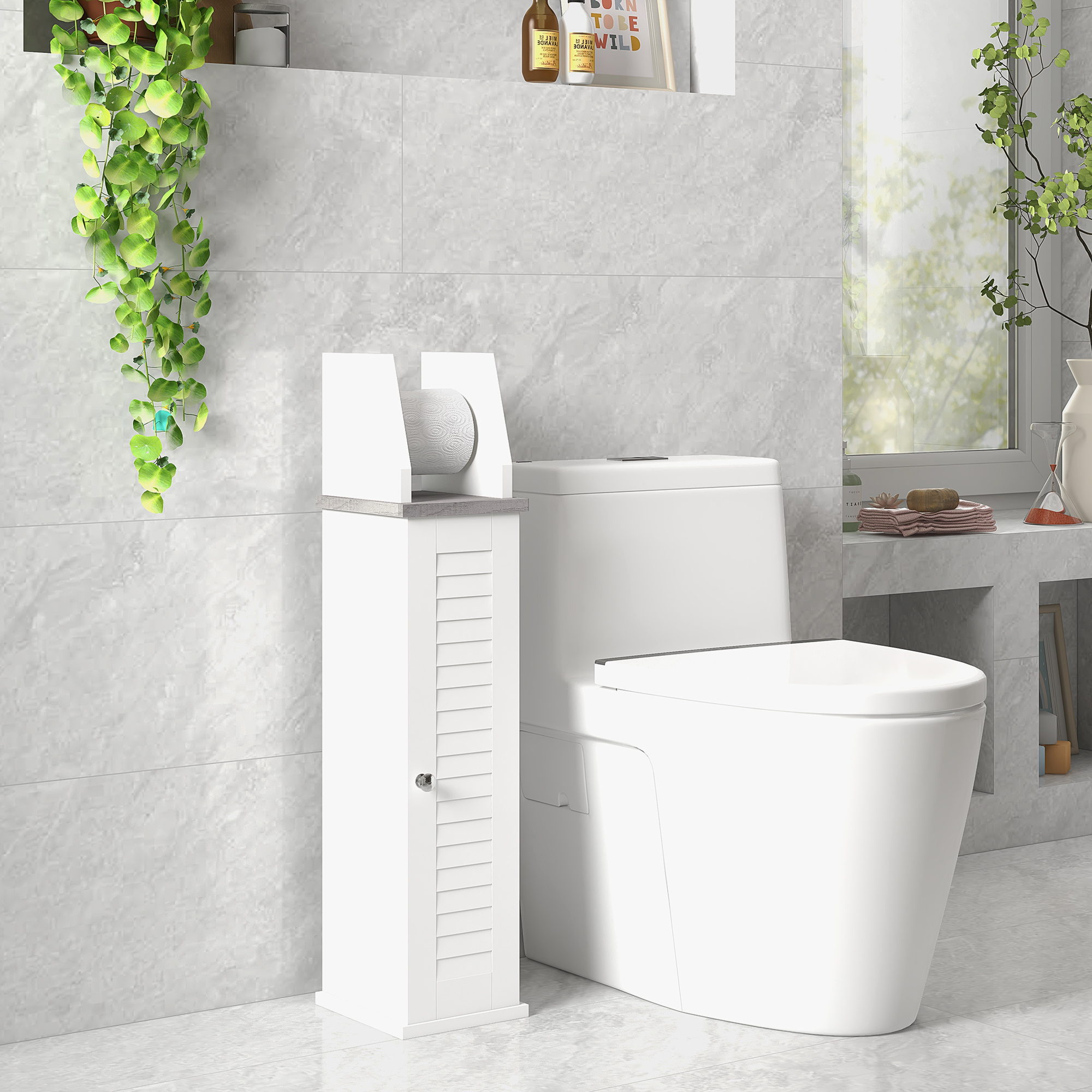 Slim Bathroom Floor Cabinet With Cupboard,Roll Holder And Adjustable — image 2