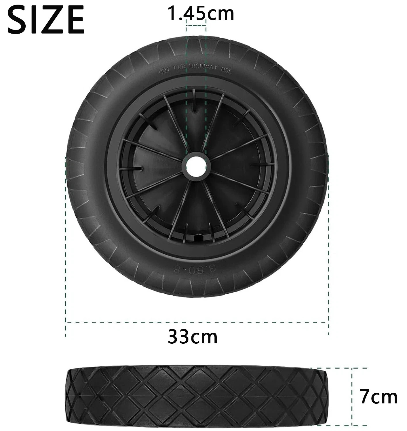 PU Wheelbarrow Wheel 14 Inch 3.50-8 Puncture Proof Solid Heavy Duty Tyre Black — image 5