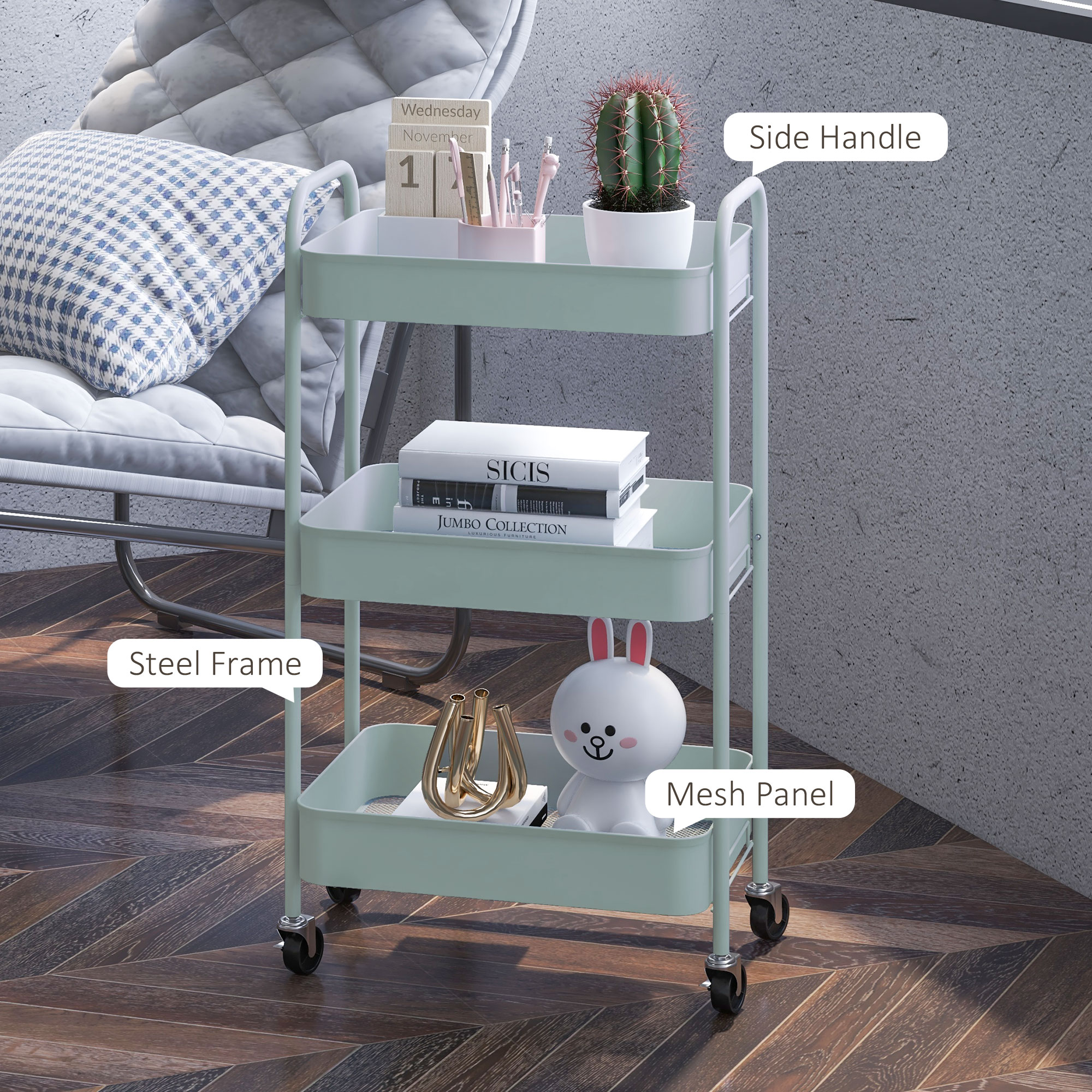 Three-Tier Steel Storage Trolley-Light Blue — image 4