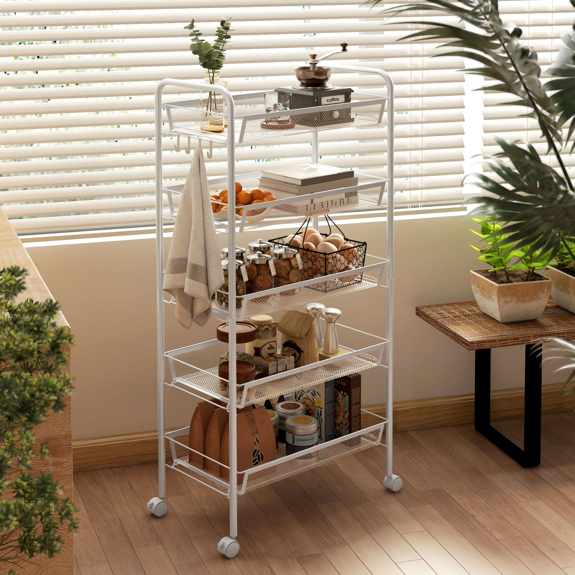 Five-Steel Mesh Basket Storage Trolley,with Wheels-White