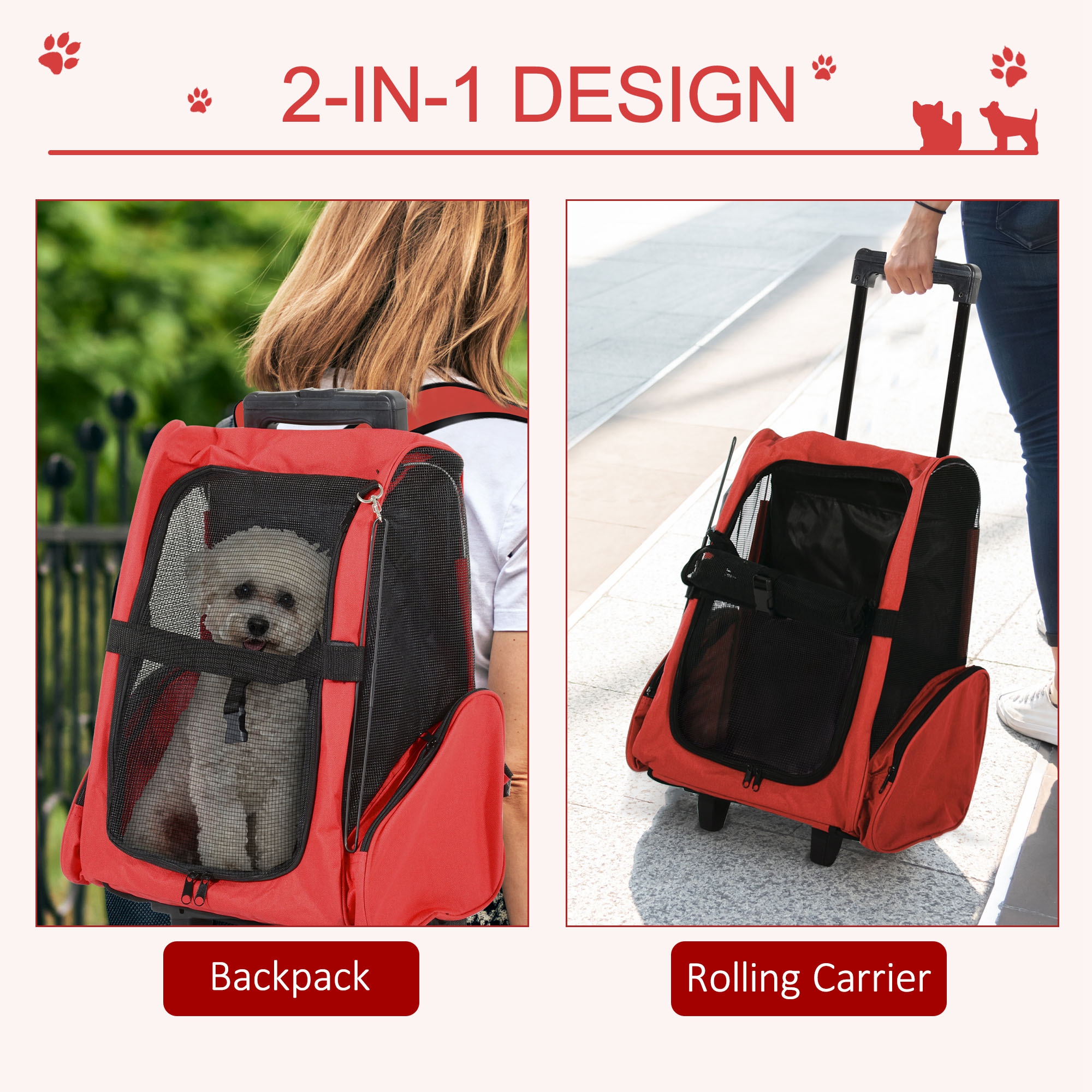 Pet Travel Backpack Bag Cat Puppy Dog Carrier W/ Trolley And Telescopic Handle Portable Stroller Wheel Luggage Bag (Red) detail photo 7