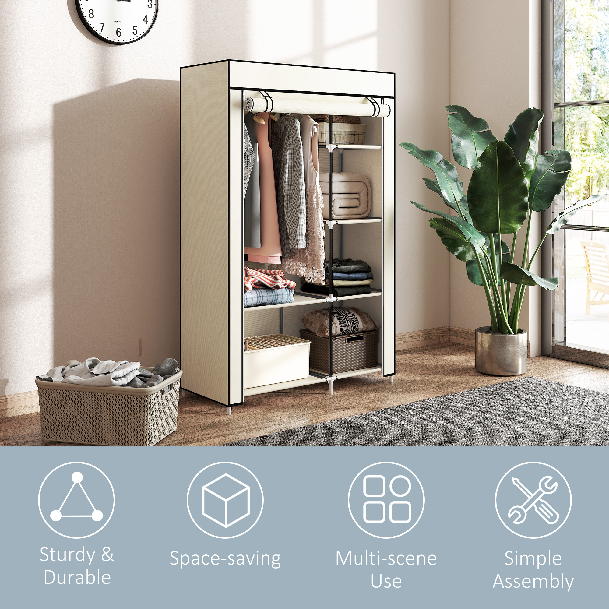 Fabric Wardrobe W/ Shelves Hanging Rail Foldable Cream — image 4