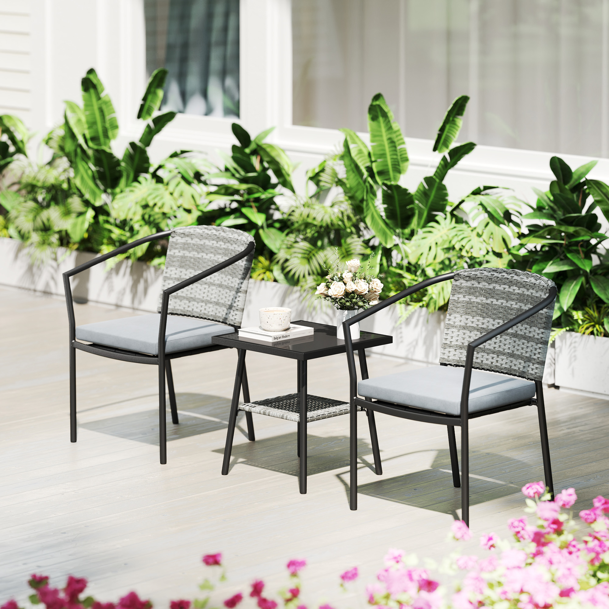 3 Pieces Rattan Bistro Set With Cushions,Wicker Garden Furniture Set,Glass Top — image 4