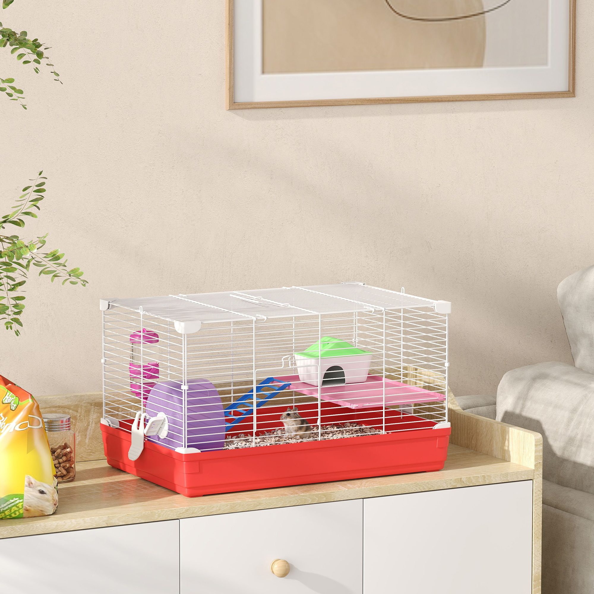 Hamster Cage,Small Gerbil Cage 2 Tiers Portable W/ Handle,Exercise Wheel,Water — image 5