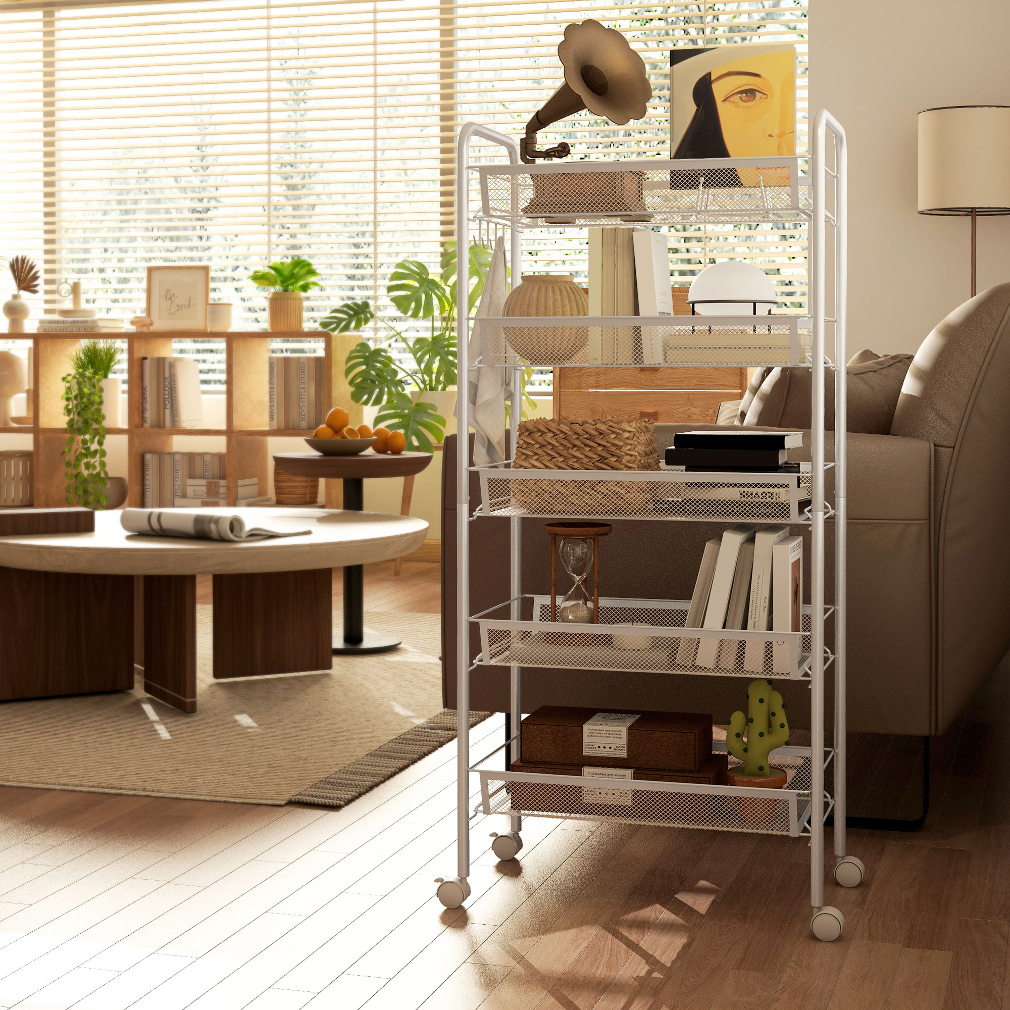 Five-Steel Mesh Basket Storage Trolley,with Wheels-White