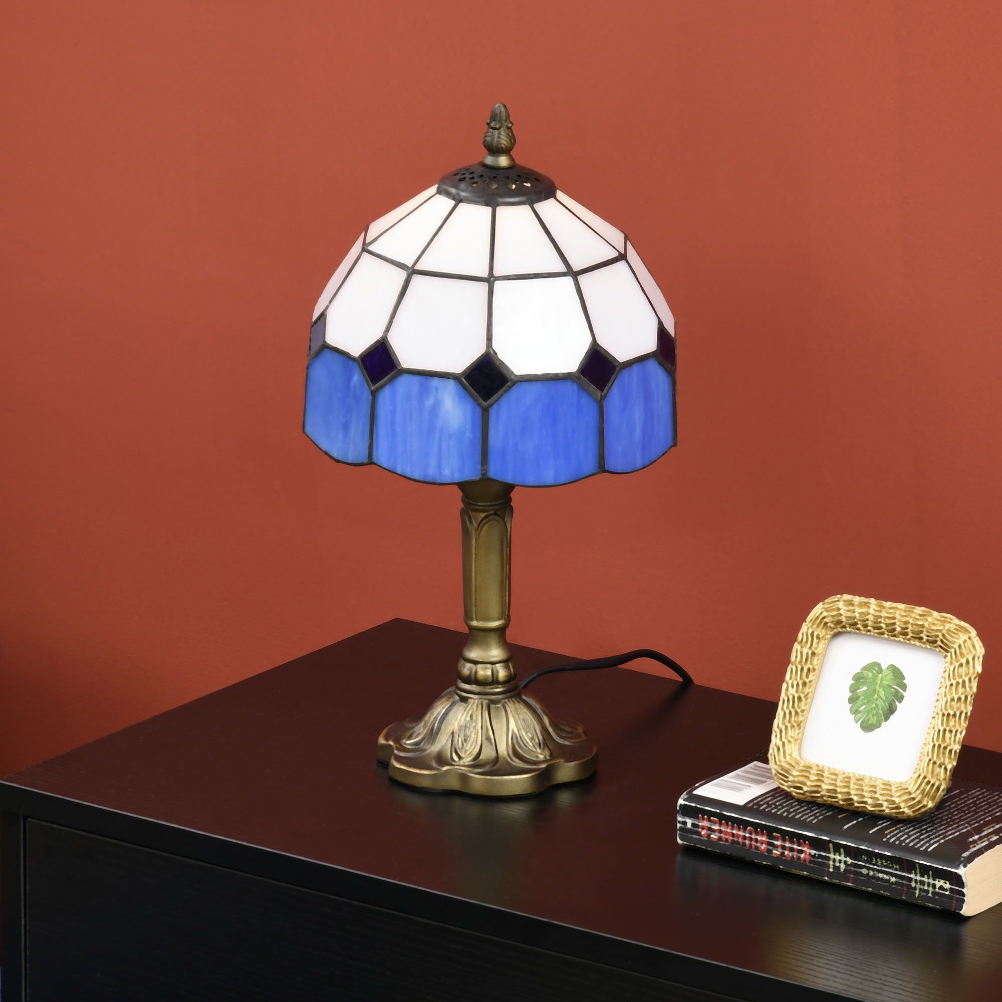 Handmade art deco glass table lamp-white/blue
