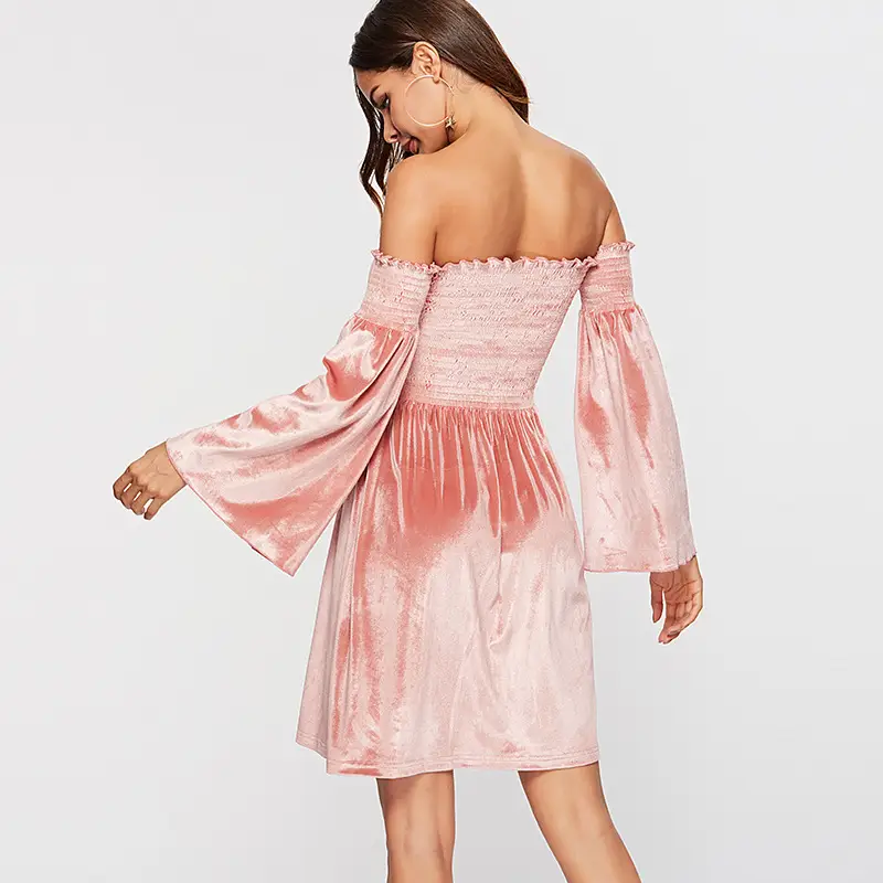 One Word Neck Tube Top Flared Sleeve Long Sleeve Velvet Dress