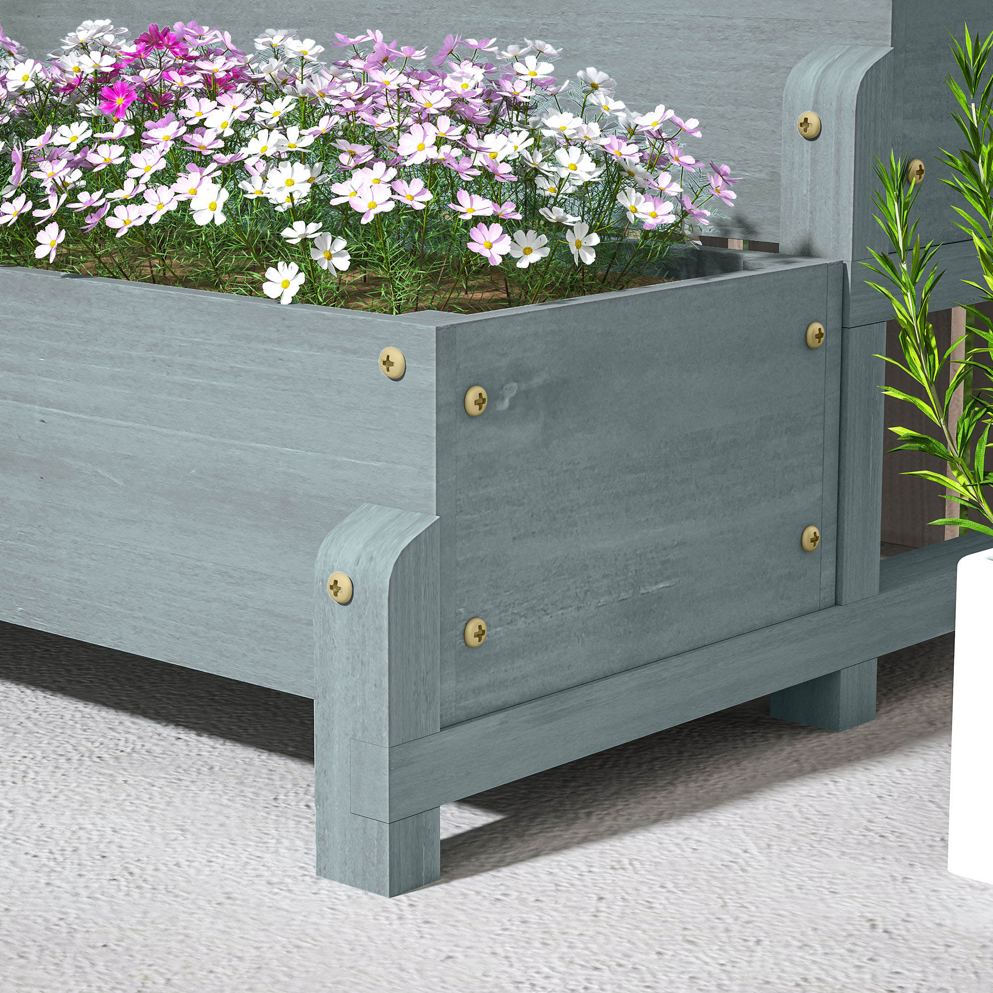 Double Layered Wooden Elevated Flower Box With Rack, Equipped Drainage Holes