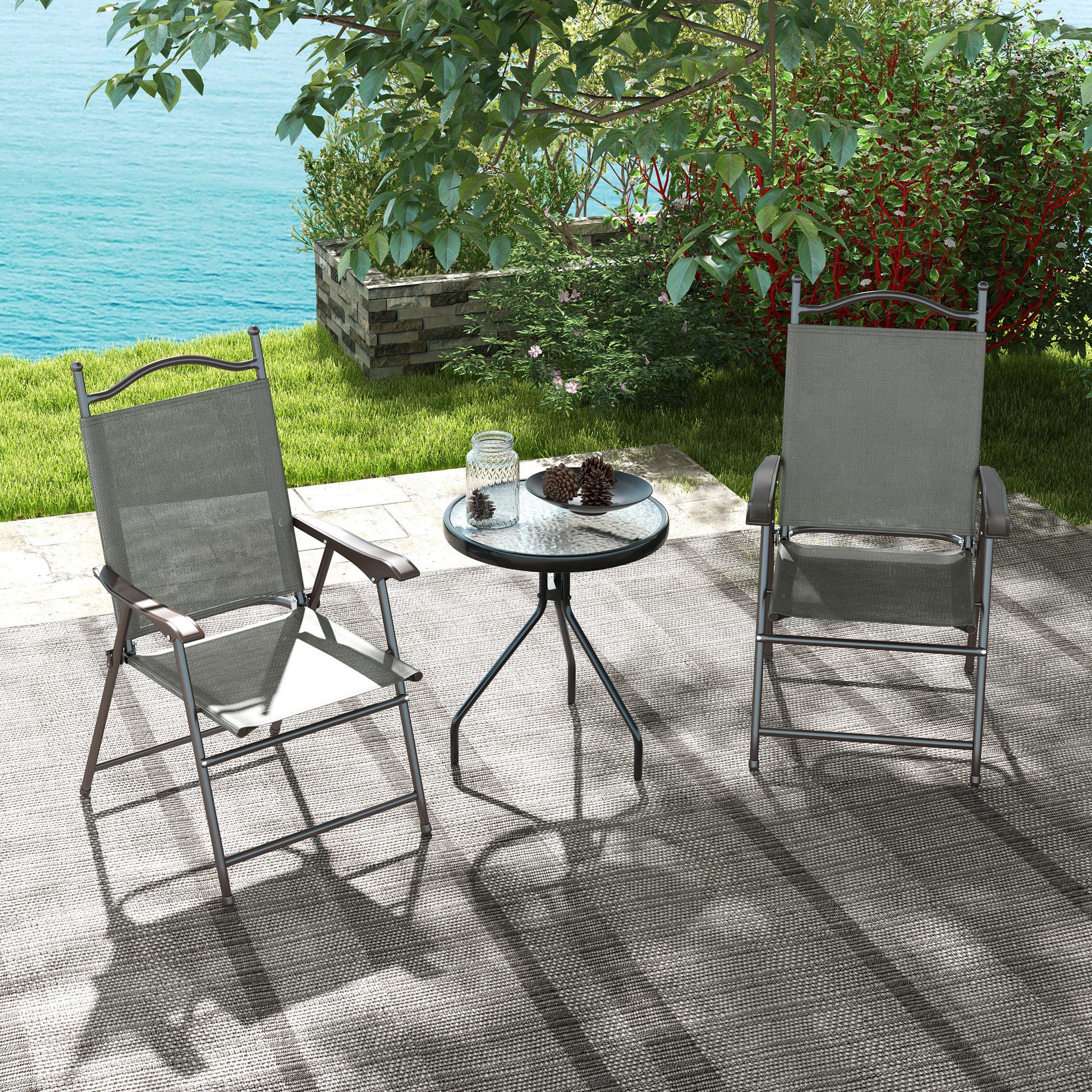 Two Foldable Garden Chair Sets, Mesh Seats-grey