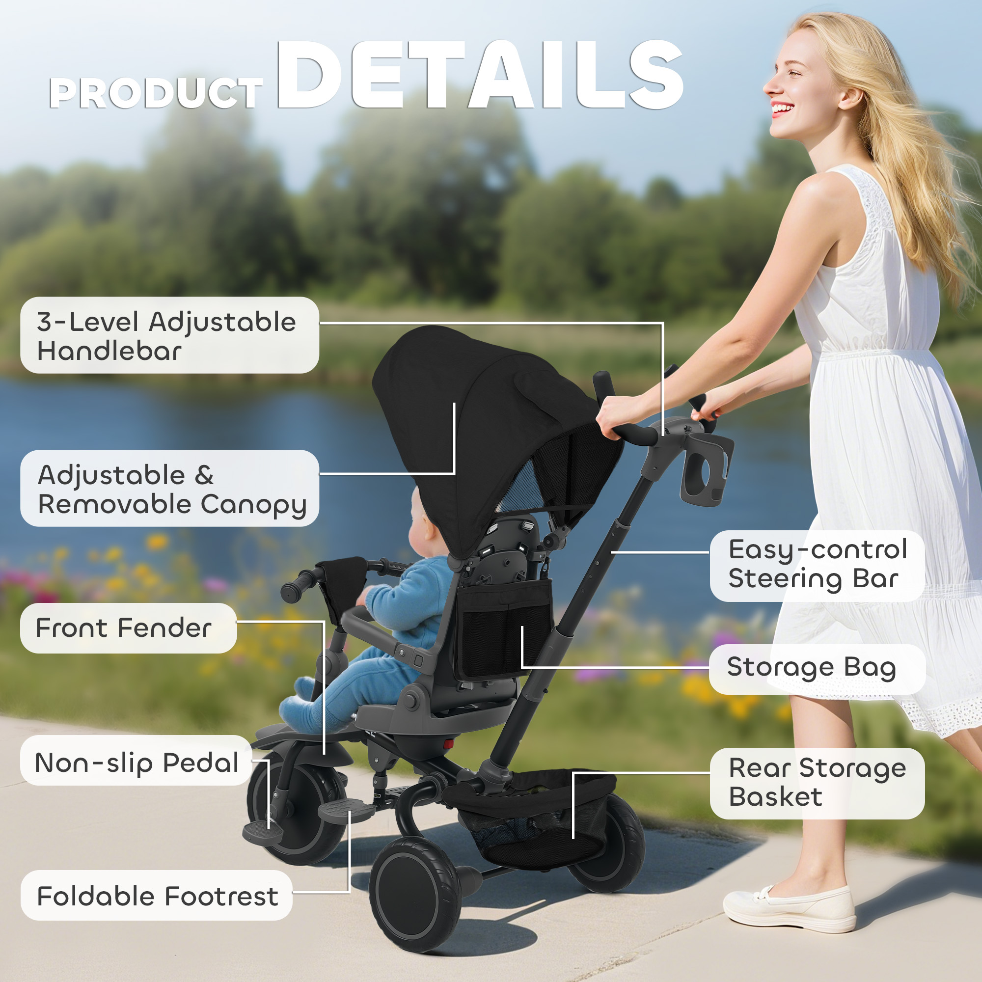 6-in-1 Foldable Children's Tricycle With Adjustable Parental Handle — image 4