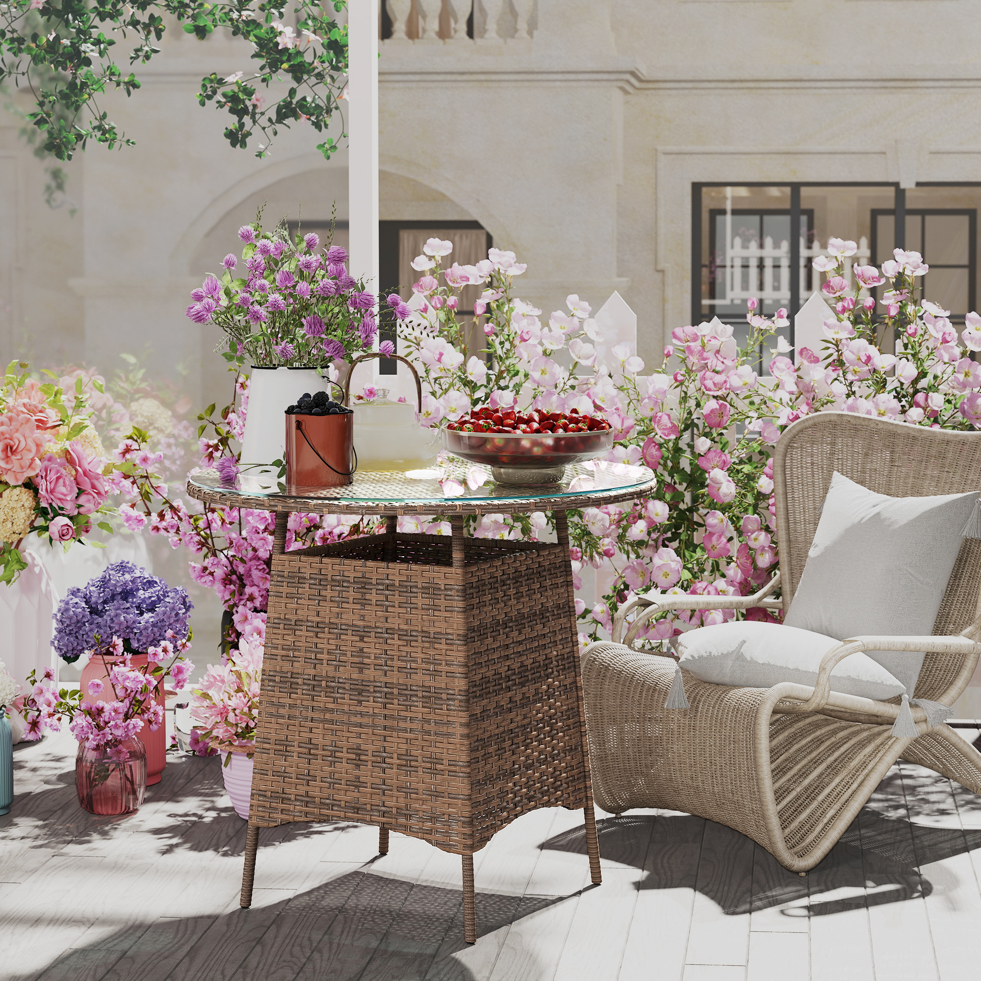 Vine Woven Garden Table, Outdoor Furniture Coffee With Umbrella Hole