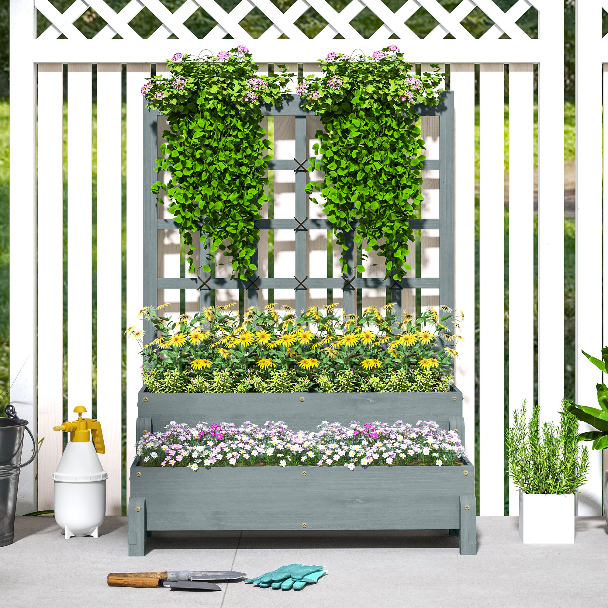 Double Layered Wooden Elevated Flower Box With Rack, Equipped Drainage Holes — image 4