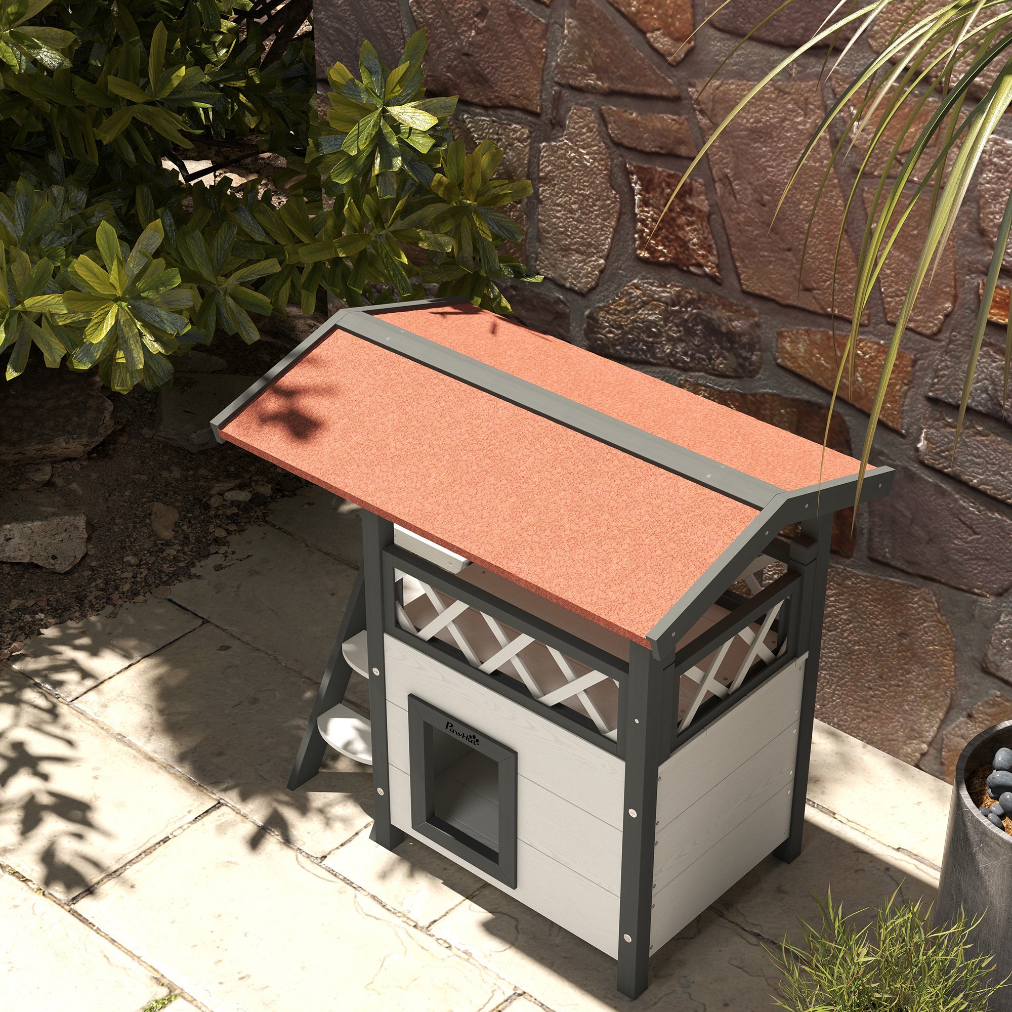 Outdoor Cat House With Balcony, Stairs And Roof, 77 X 50 X 73 Cm