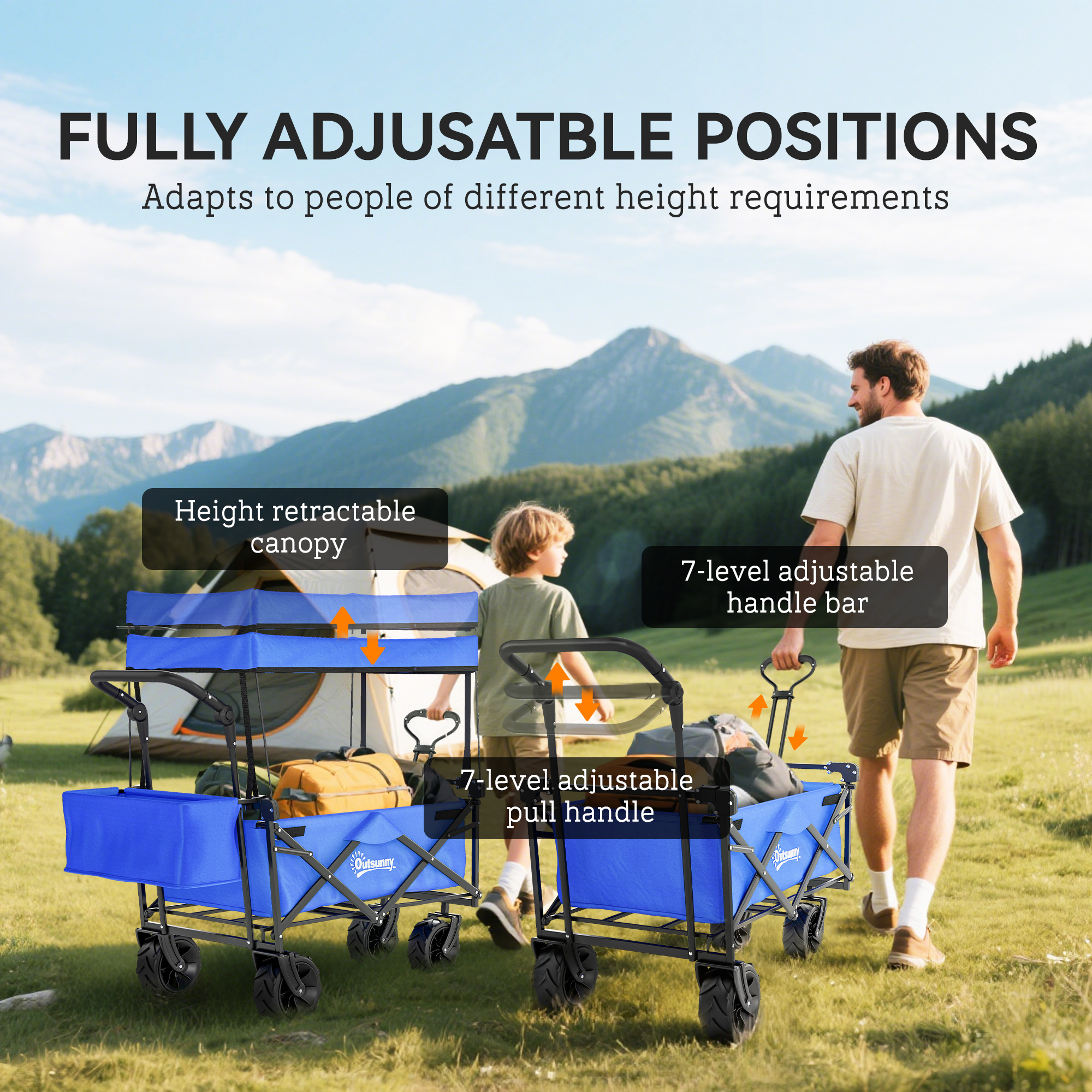 Folding Handcart Storage Cart Beach Trailer Four-wheel Belt Handle Canopy
