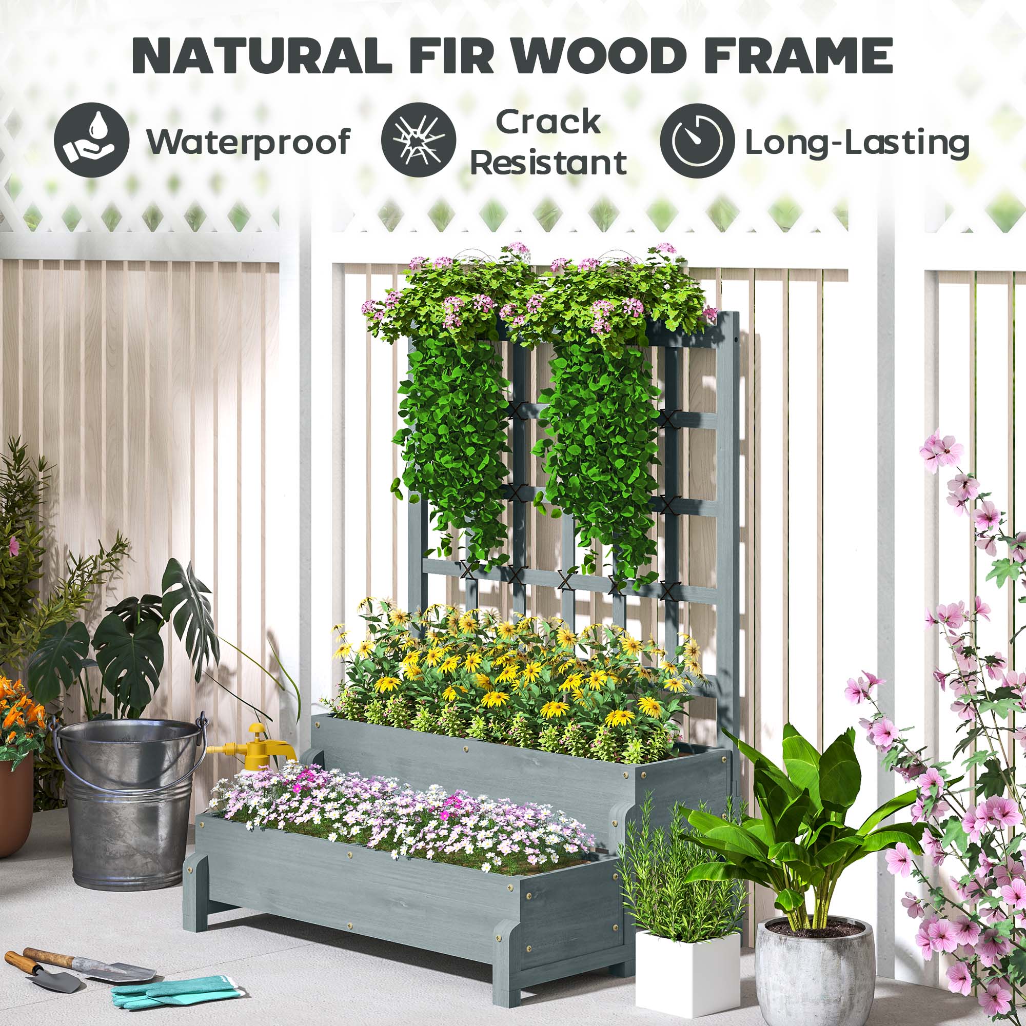 Double Layered Wooden Elevated Flower Box With Rack, Equipped Drainage Holes — image 2