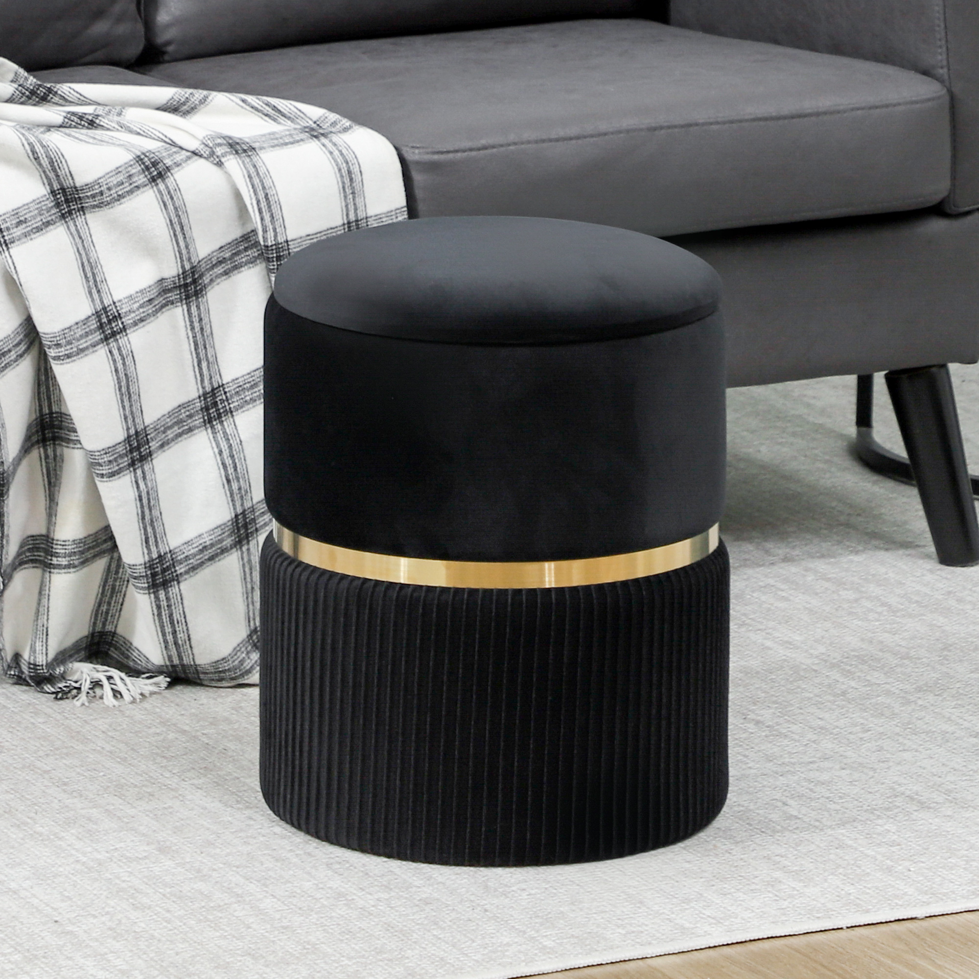 Velvet Texture Storage Footstool - Black — image 2