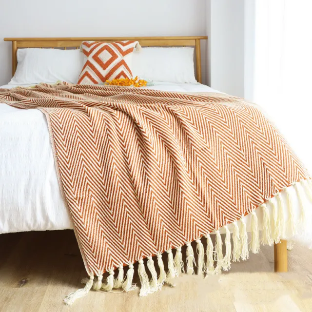 Classic Retro Herringbone Weave Sofa Blanket Orange - Shop at LoveMi