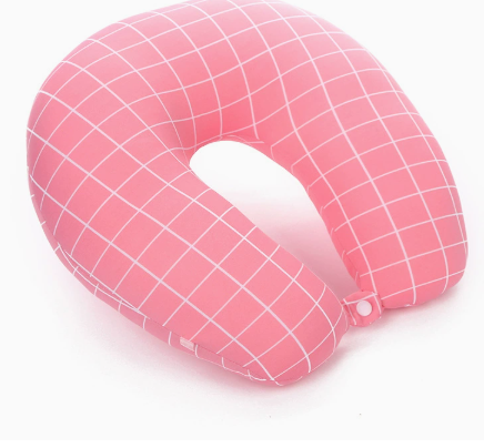 Checkerboard Print Travel Neck Pillow, Soft Milk Silk UShape Neck Support Pillow With Snap Button