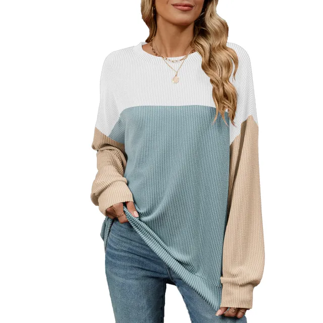 Fashion Contrast color Round Neck Long Sleeve T shirt Casual Pullover Top For Womens Clothing Light Blue - Shop at LoveMi