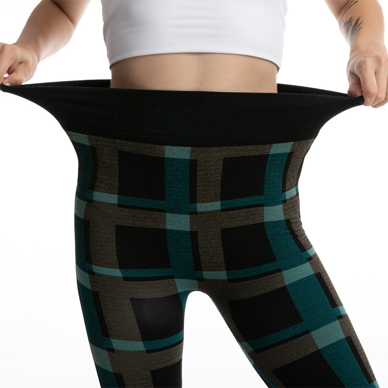 Women's High Elastic Goddess Plaid Jacquard Leggings Sky Blue - Shop at LoveMi