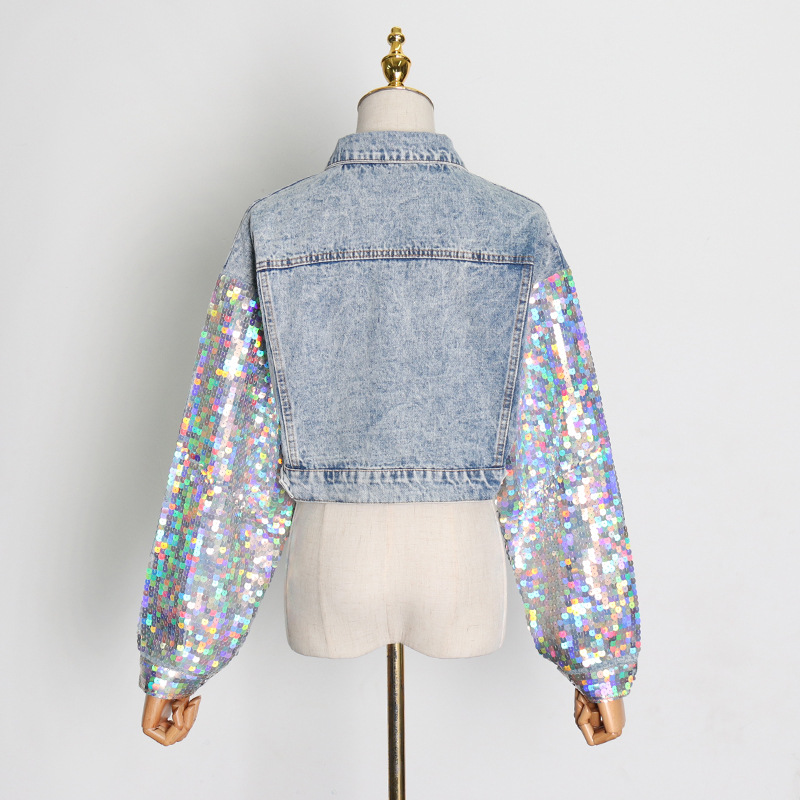 Women's Elegance Street Style Patchwork Sequin Single Breasted Denim Jacket