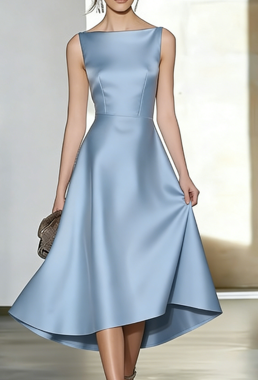 Satin Off-the-shoulder Sleeveless Fitted Waist Asymmetrical Full Skirt Dress