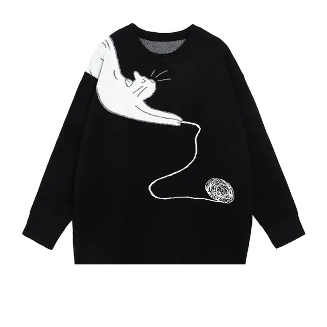 Women's Cat Black Pullover Chic Sweater Black - Shop at LoveMi