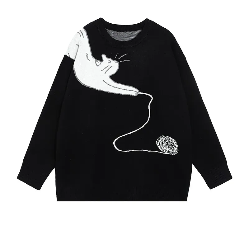 Women's Cat Black Pullover Chic Sweater - Black