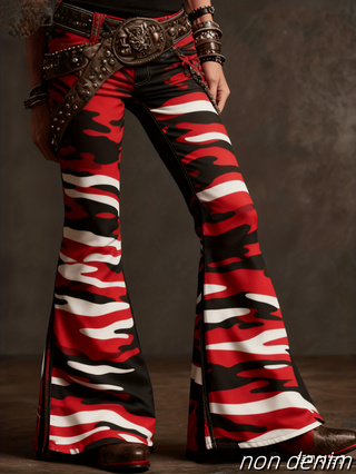 Pantalon évasé femme rétro imprimé, taille haute à bouton unique – Color14, XXL