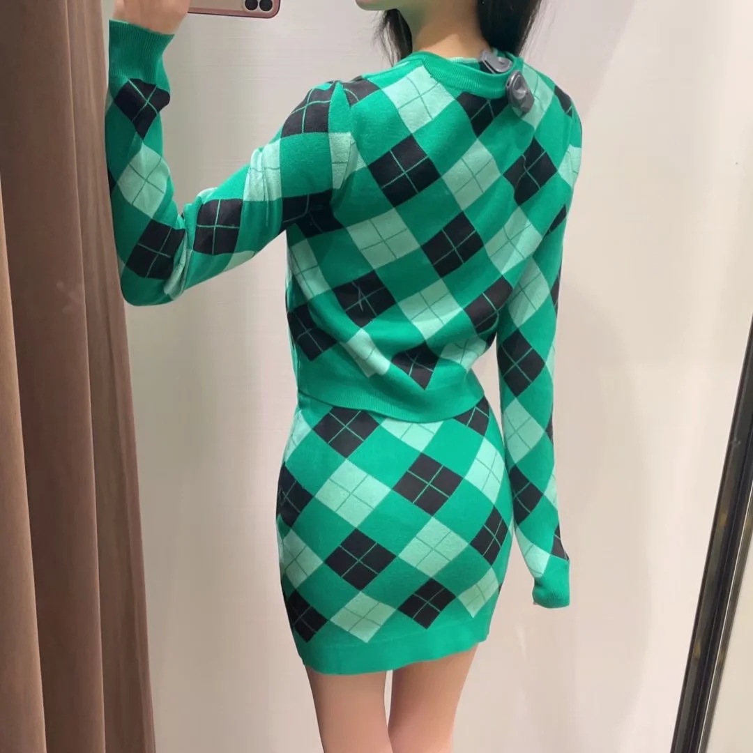 Fashion Casual Slim Fit Diamond Check Crew Neck Knit Cardigann