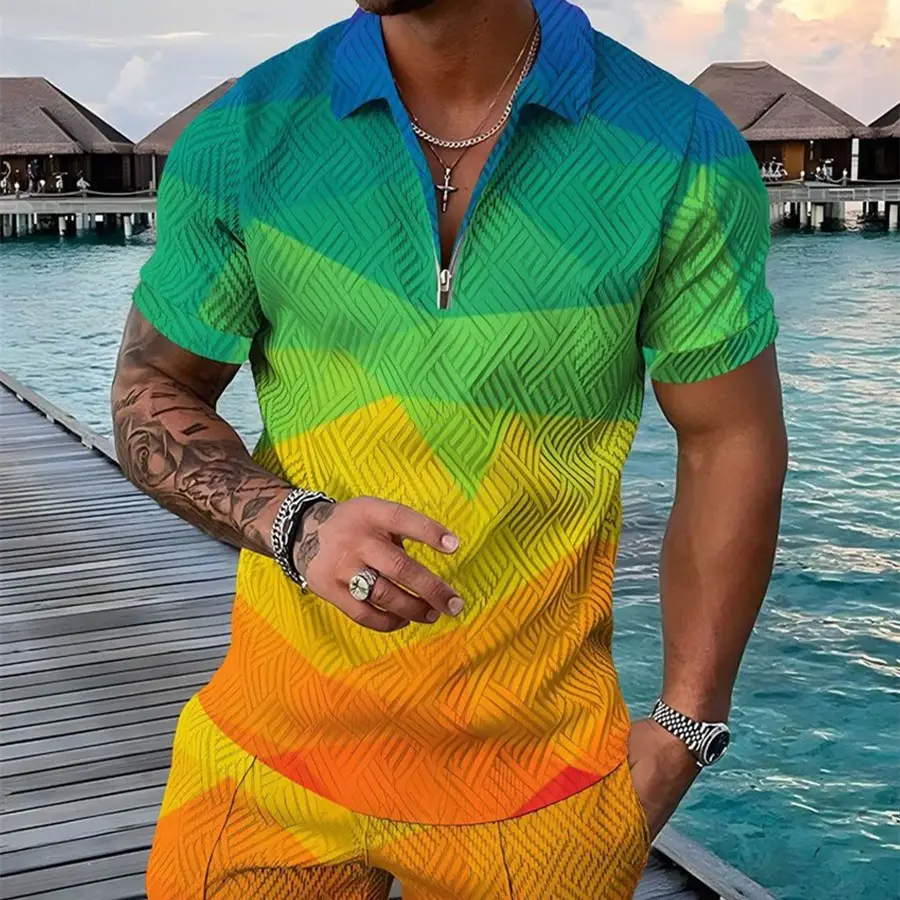 Men's Summer Fashion 3D Printed Short Sleeve Geometric Zip Lapel Shirt Set