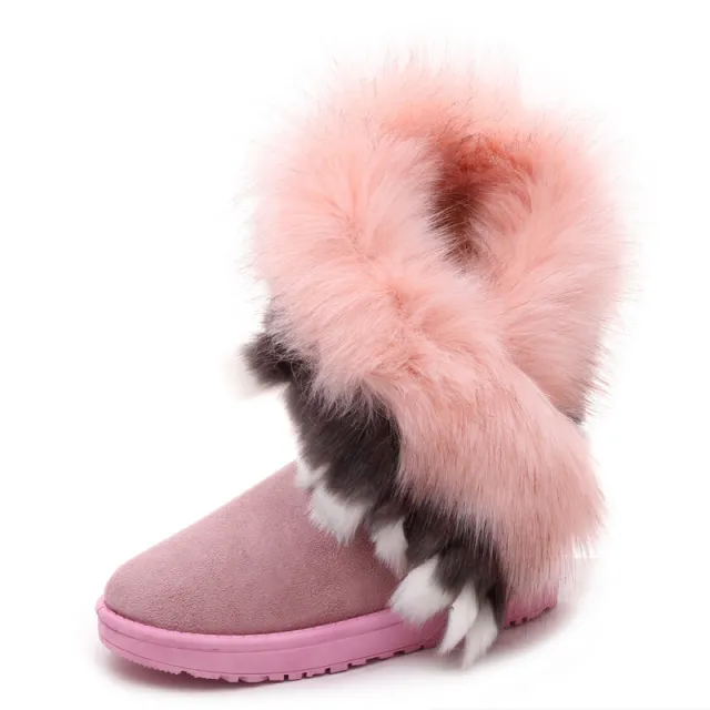 Winter Snow Boots Thick Fluffy Fox Fur Waterproof Non slip Warm Cotton Pink - Shop at LoveMi