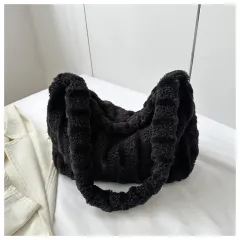 Large-capacity Striped Plush Bag Winter New Fashion Portable Tote Shoulder Bags Shopping Furry Handbags For Women - Black - View 1