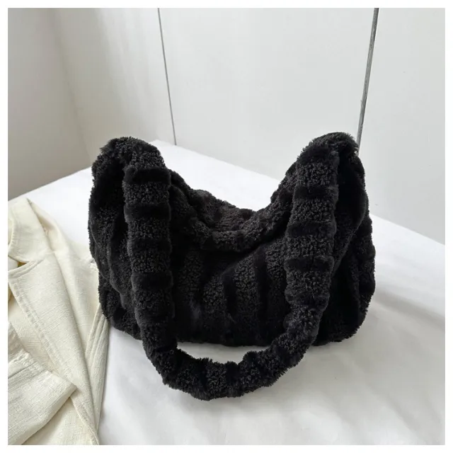 Large capacity Striped Plush Bag Winter New Fashion Portable Tote Shoulder Bags Shopping Furry Handbags For Women Black - Shop at LoveMi