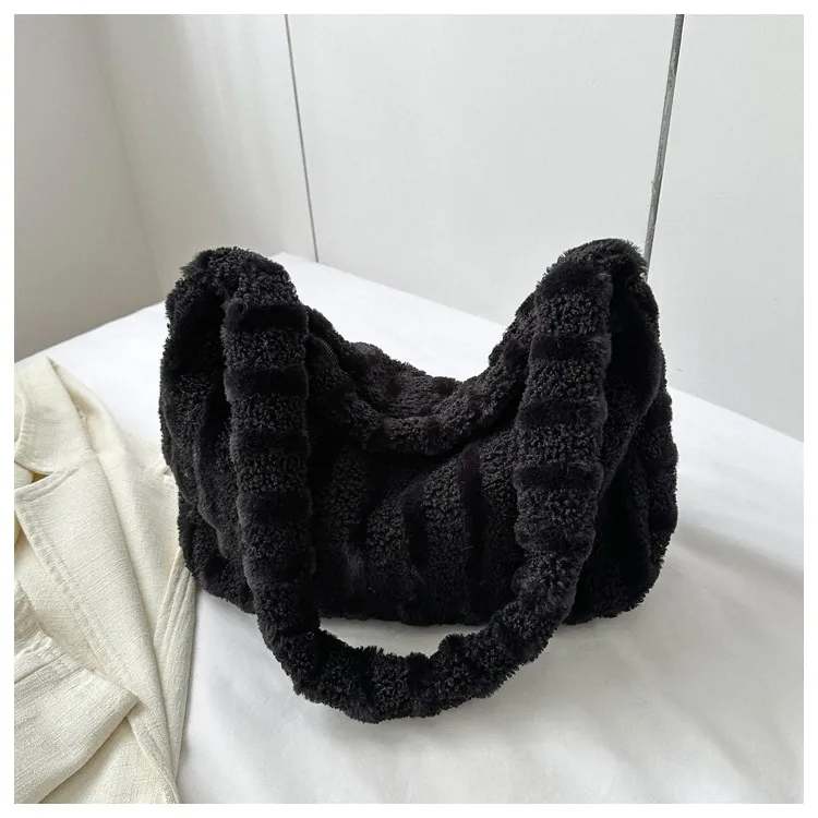 Large-capacity Striped Plush Bag Winter New Fashion Portable Tote Shoulder Bags Shopping Furry Handbags For Women - Black