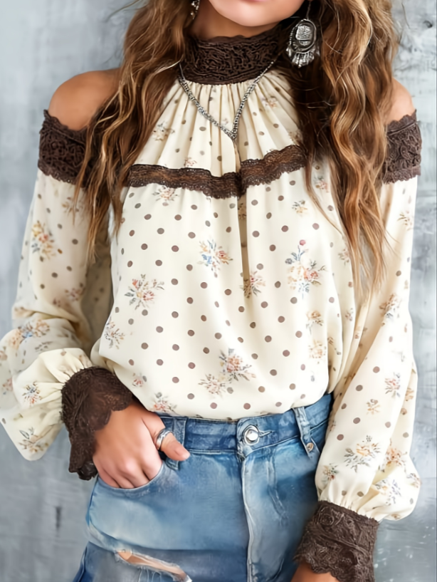 Women's Western Retro Hollow-out Off-shoulder Long-sleeved Loose Top