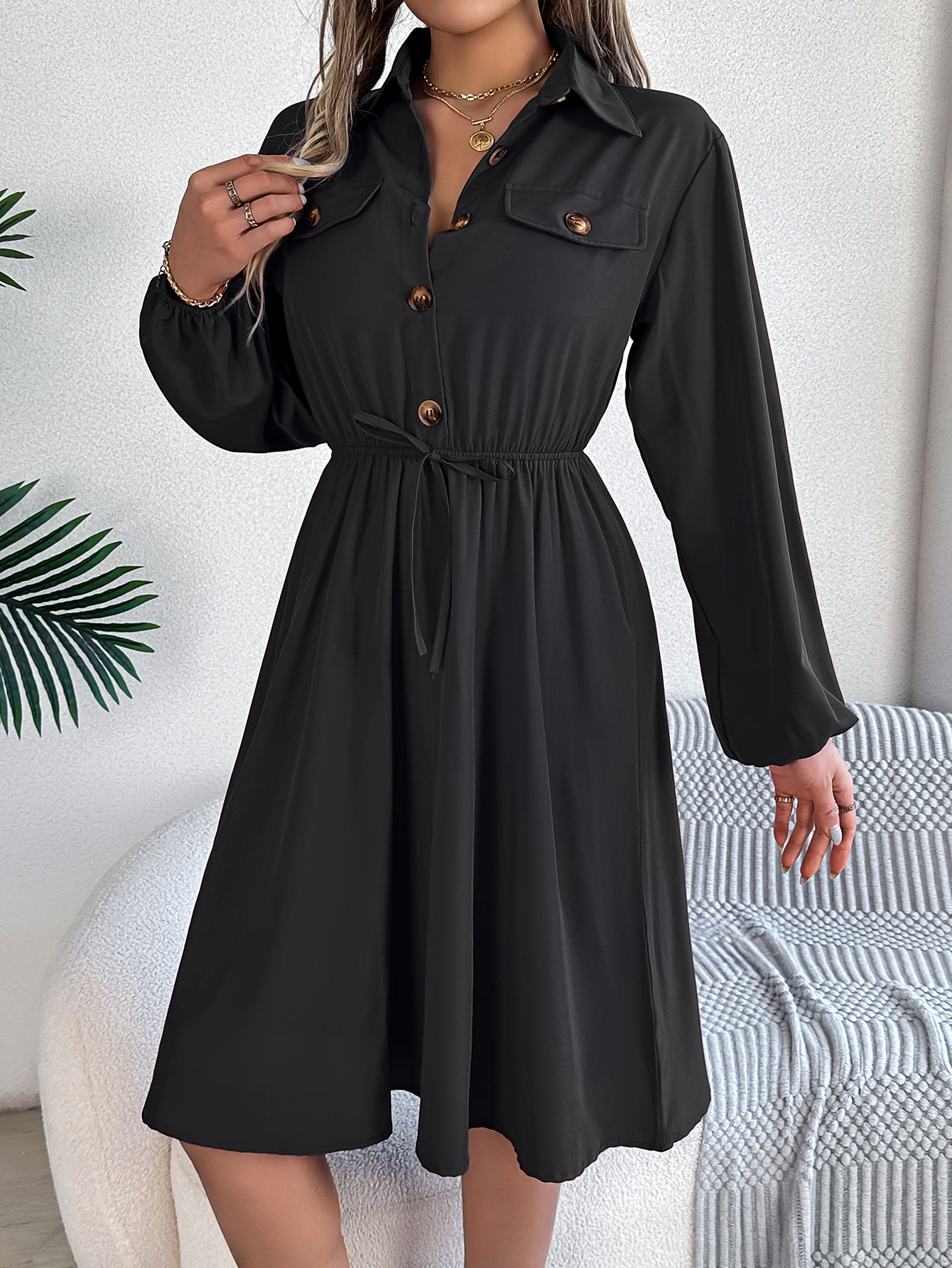 Women  Casual Button Tie Waist Long Sleeve Shirt Dress
