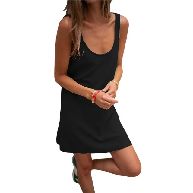 Solid Waffle Sleeveless Loose Strap Dress Black - Shop at LoveMi