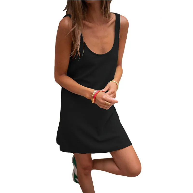 Solid Waffle Sleeveless Loose Strap Dress - Black