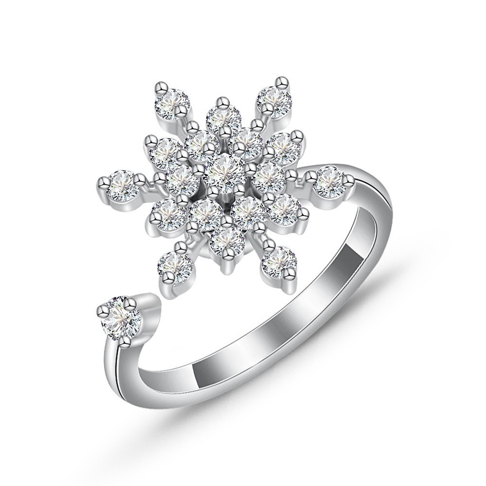 Christmas New Year Niche Unique Design Full Diamond Rotating Ring, Snowflake Open Adjustable Pure Copper Non-fading Ring