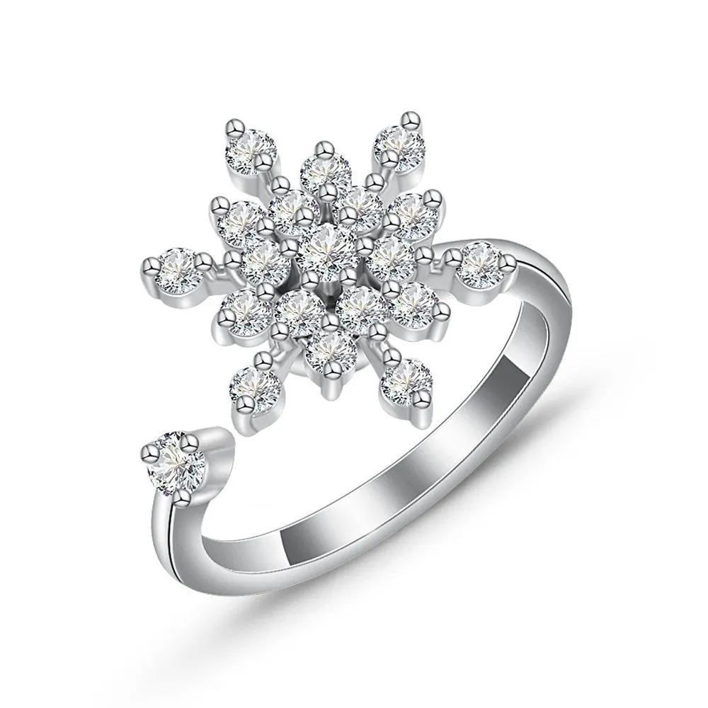 Christmas New Year Niche Unique Design Full Diamond Rotating Ring, Snowflake Open Adjustable Pure Copper Non-fading Ring