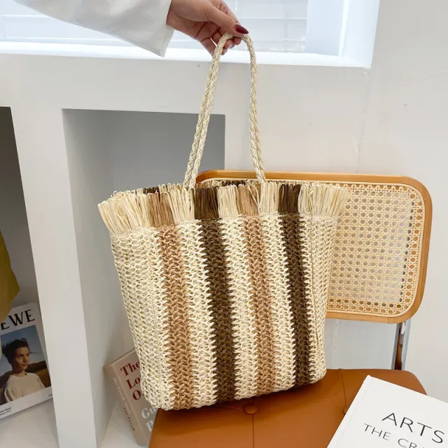 Woven Stripes Simple Beach Style Tote Bag Beige - Shop at LoveMi