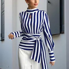 Elegant Women's Striped Tie-Waist Blouse, High Neck Long Sleeve Shirt With Cut-Out Detail - Blue - View 1