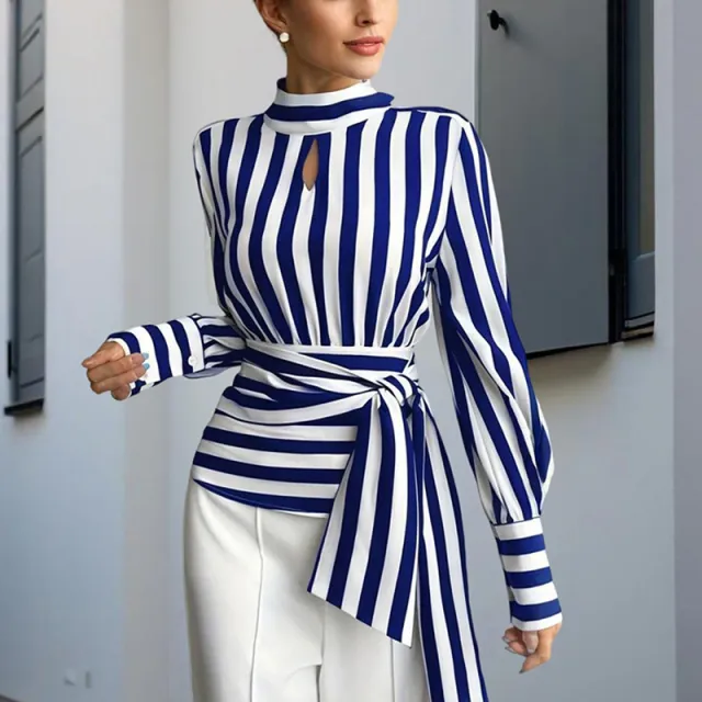 Elegant Women's Striped Tie Waist Blouse, High Neck Long Sleeve Shirt With Cut Out Detail Blue - Shop at LoveMi
