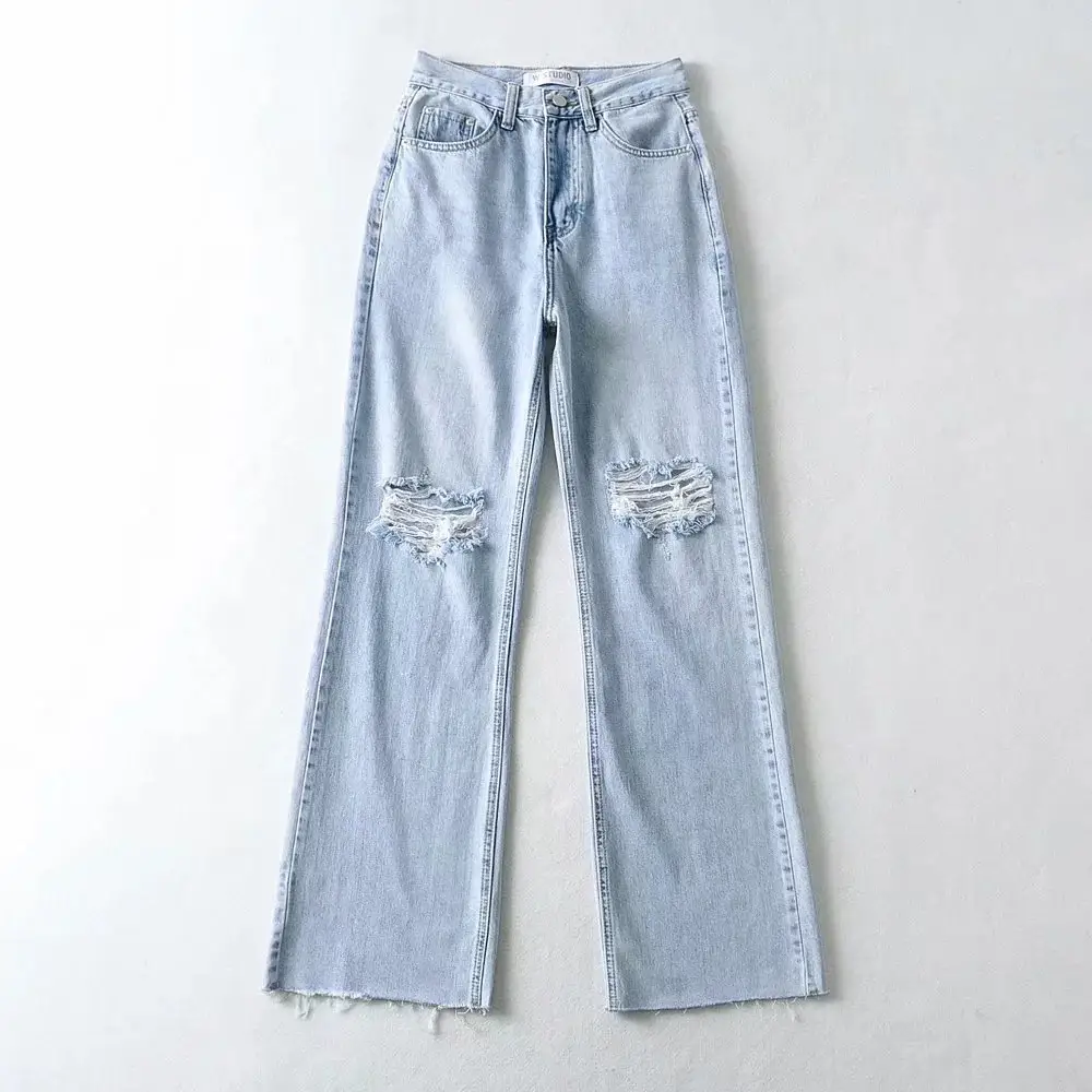 Jeans Straight Trousers With Holes And Rough Edges
